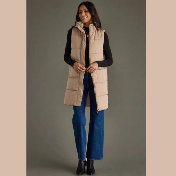 Panache Apparel Tan Long Puffer Vest Neutral Zip Snap Pockets Cozy Layer NEW - Picture 1 of 7